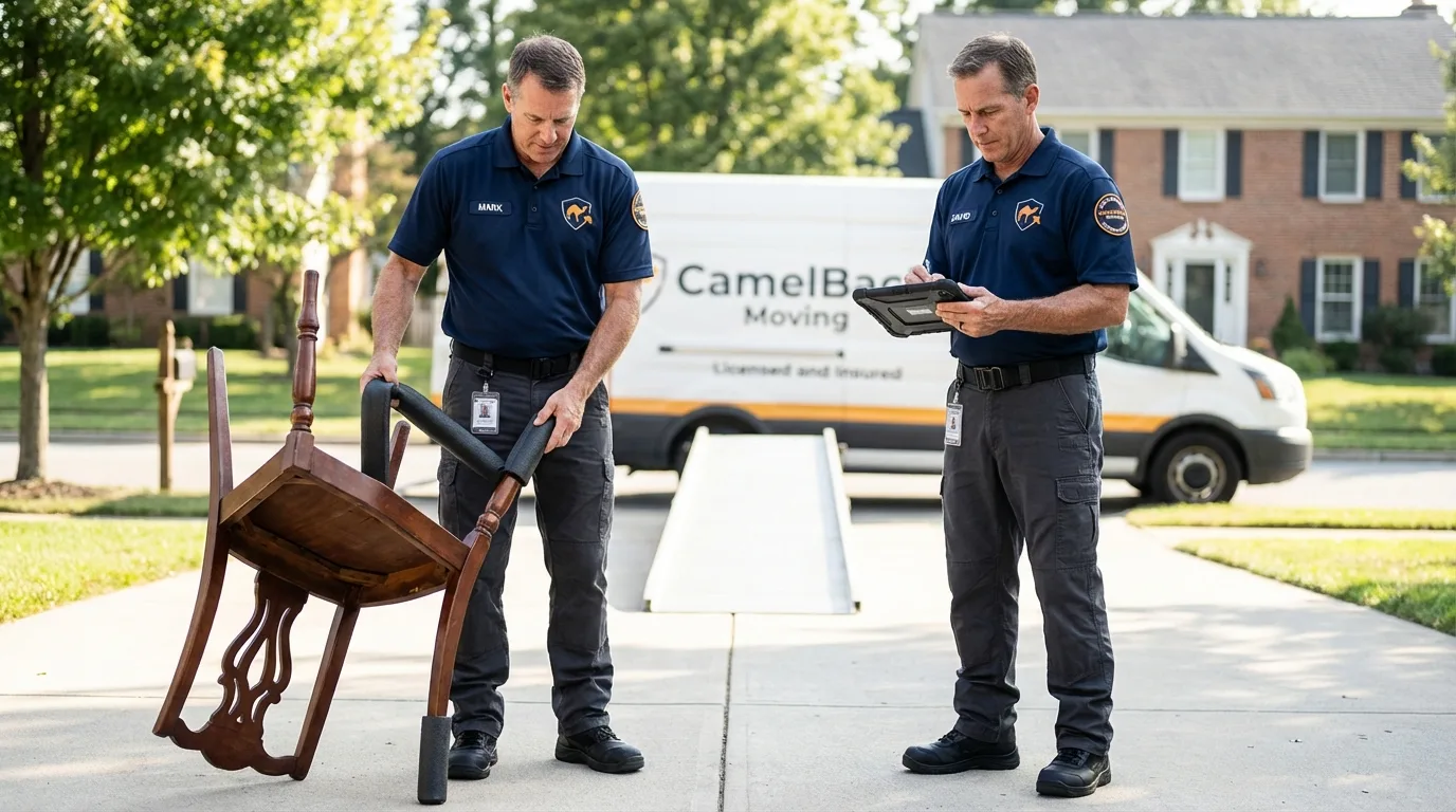 Movers inspecting furniture for damage prevention before loading in Wheelersburg, OH