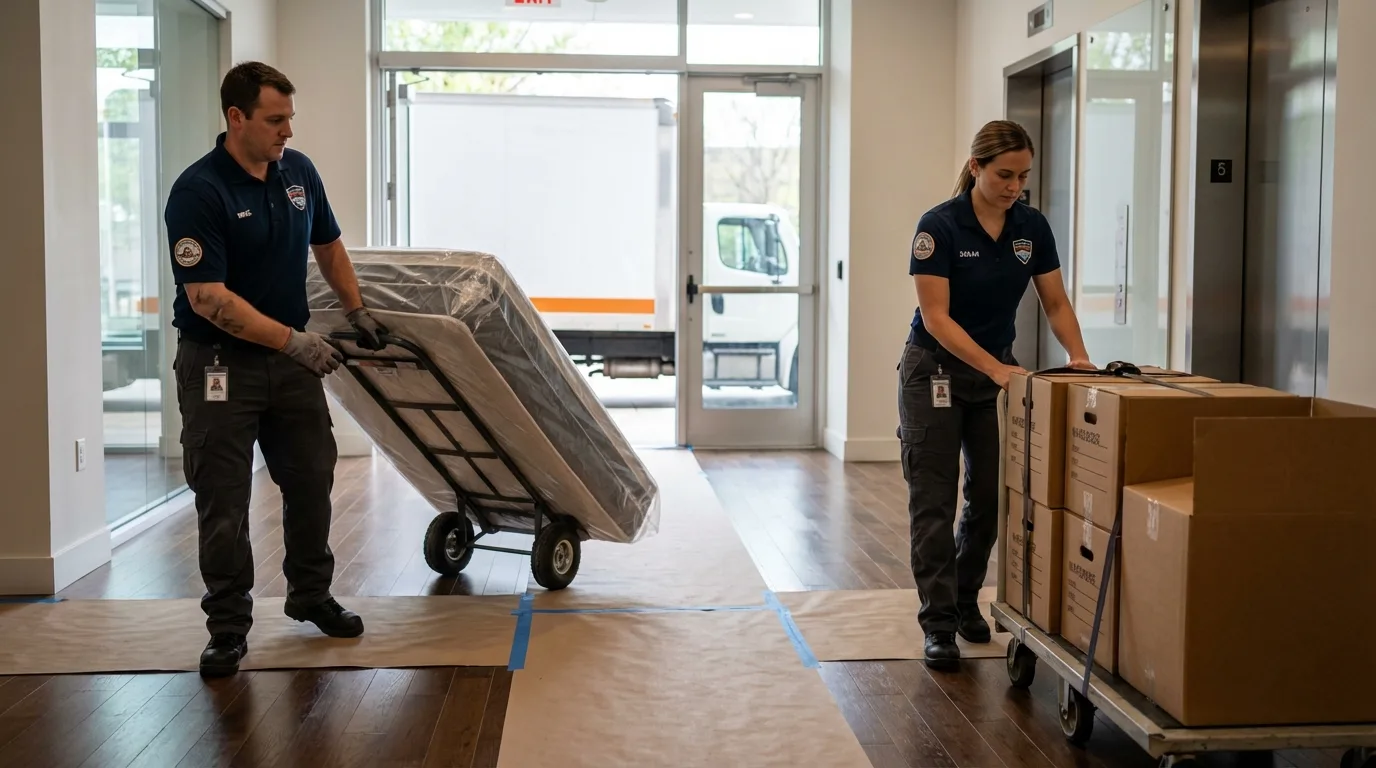Professional apartment movers loading elevator in Wheelersburg, OH