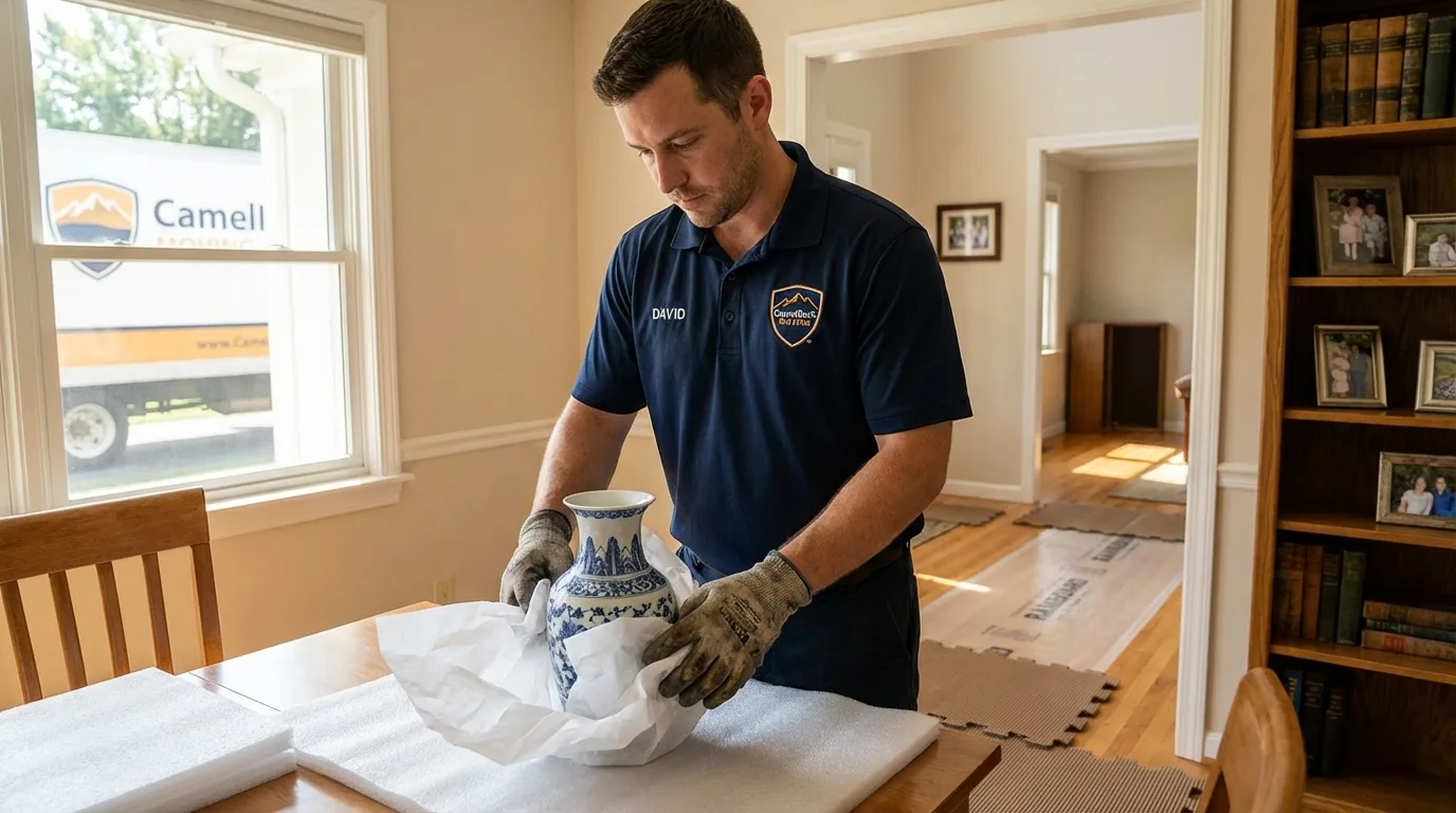 Professional crew carefully wrapping antique vase for senior downsizing move in Wheelersburg, OH